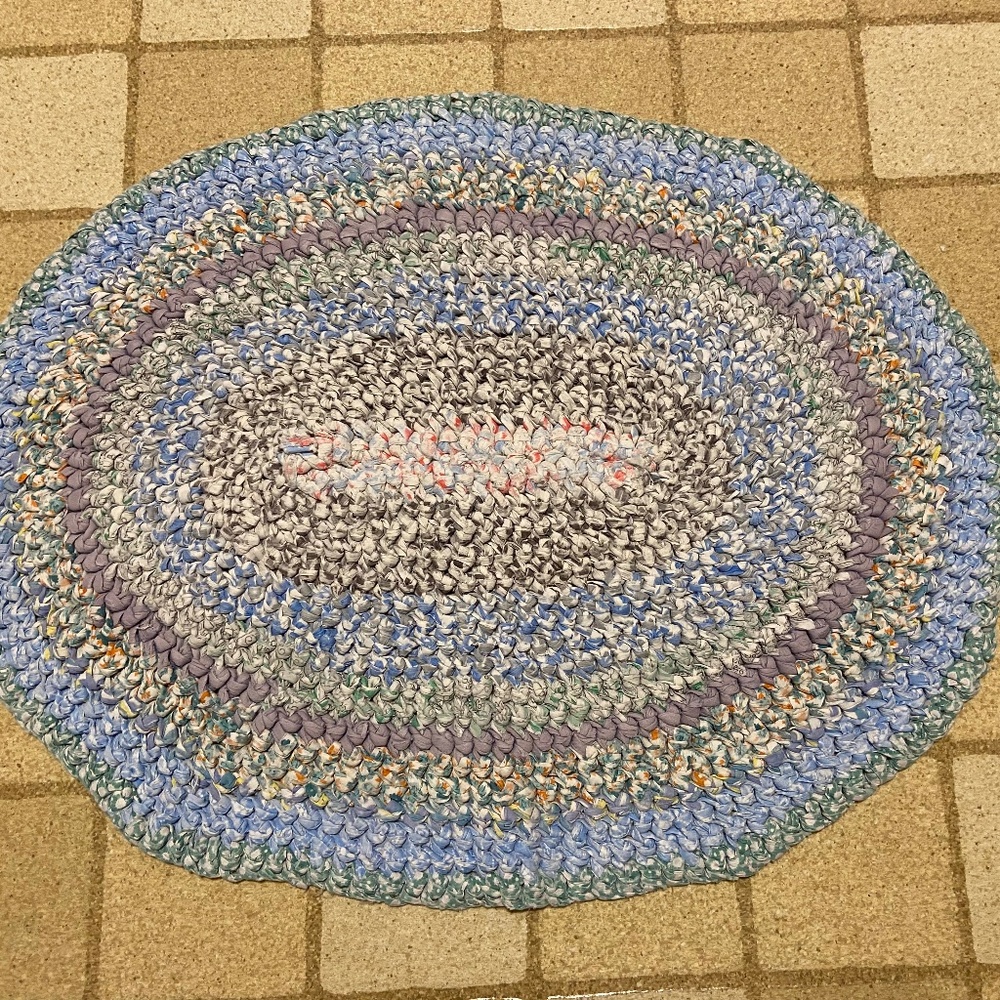 Small Handmade Light Blue Oval Accent Rug; Crocheted; Never Used; Soft; 18x24